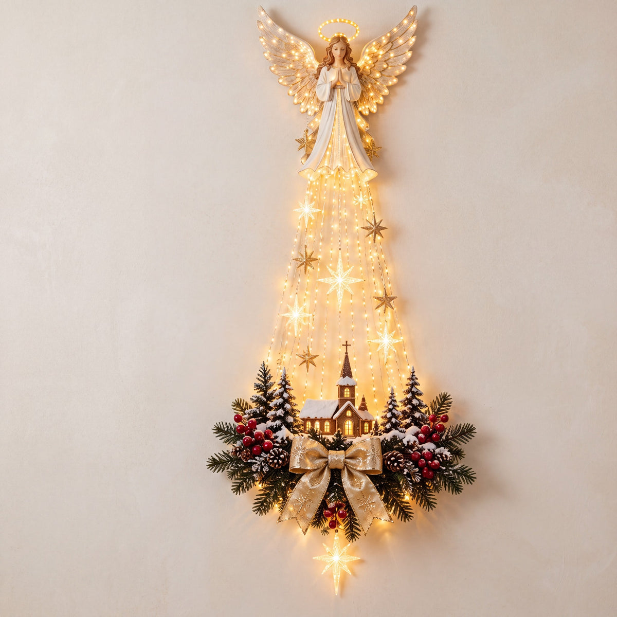 Decoración luminosa de pared con ángel en oración e iglesita navideña sobre una pared blanca