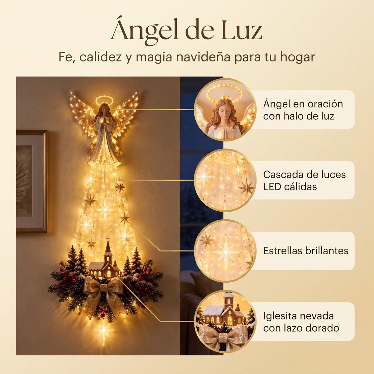 Detalles del Ángel de Luz: ángel en oración con halo de luz, cascada de luces LED cálidas, estrellas brillantes e iglesita nevada con lazo dorado