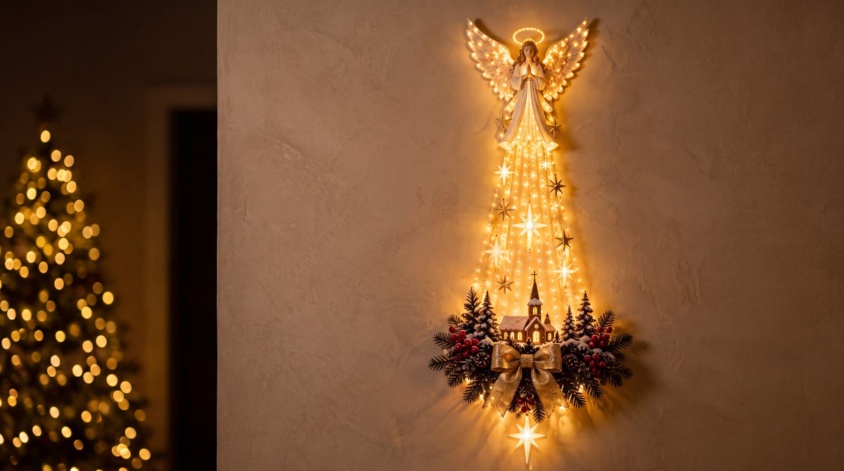 Decoración luminosa de pared con ángel de Navidad en un hogar con árbol encendido