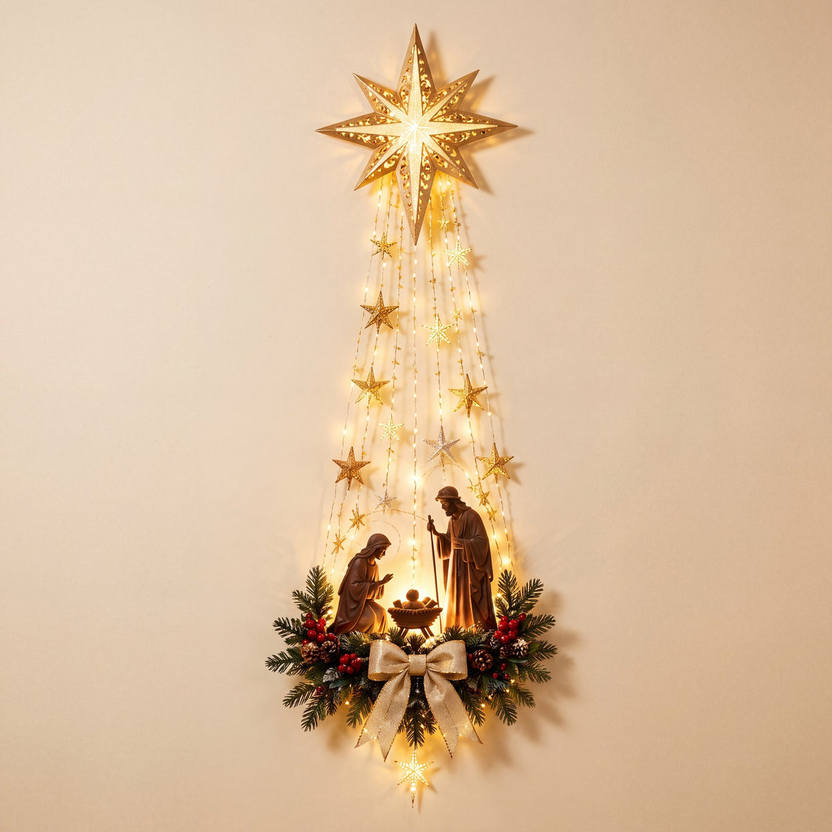 Decoración luminosa de pared Estrella de Belén con lluvia de luces LED y la Sagrada Familia en el pesebre sobre una pared blanca