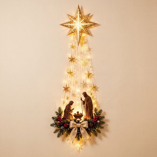 Decoración luminosa de pared Estrella de Belén con lluvia de luces LED y la Sagrada Familia en el pesebre sobre una pared blanca