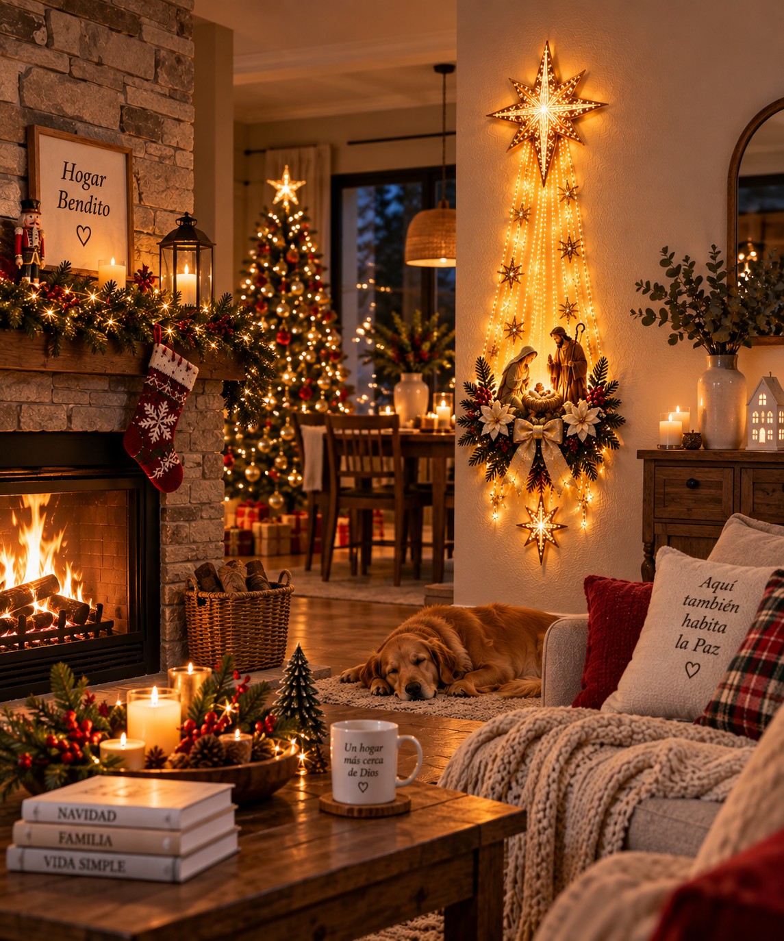 Estrella de Belén luminosa en la pared de un salón navideño con chimenea, árbol de Navidad y sofá con mantas