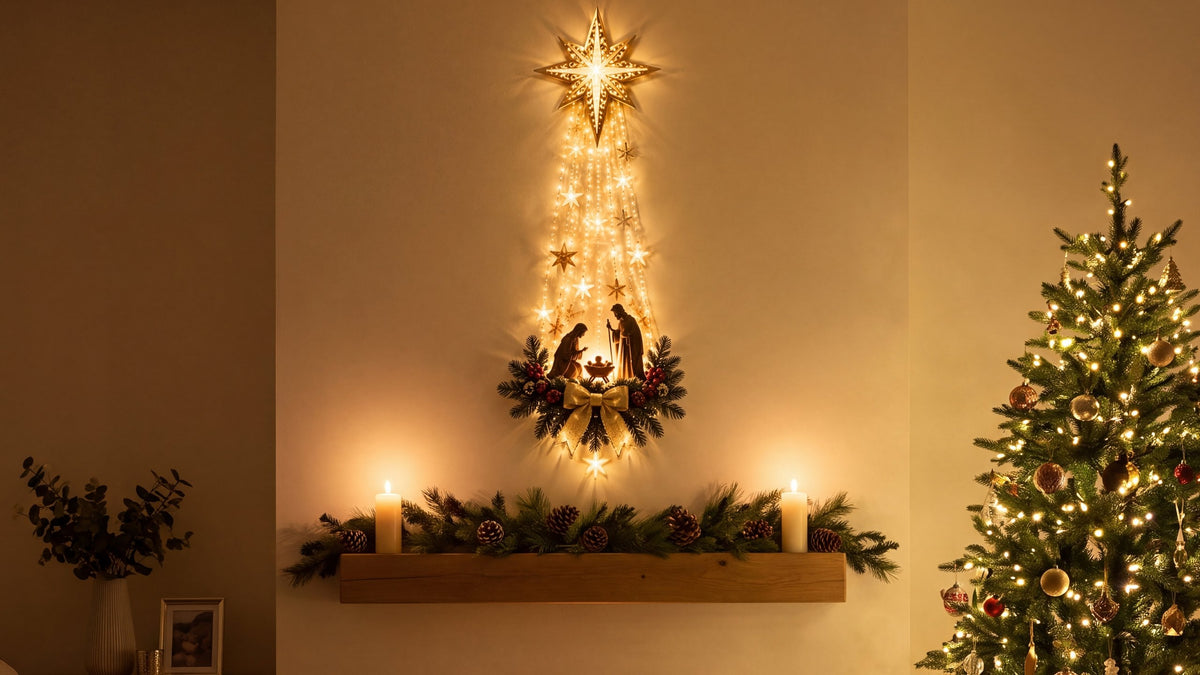 Salón decorado por Navidad con la Estrella de Belén luminosa encendida sobre la chimenea