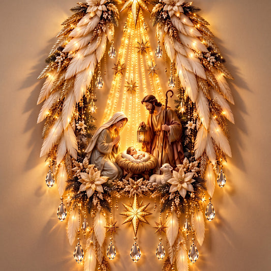 Decoración luminosa de pared Sagrada Familia con alas de ángel de plumas, luces LED cálidas y colgantes de cristal