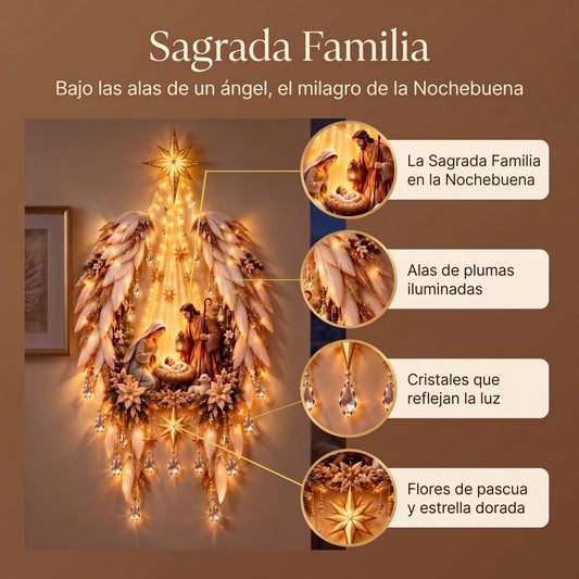 Detalles de la Sagrada Familia con alas de ángel: la Sagrada Familia en la Nochebuena, alas de plumas iluminadas, cristales que reflejan la luz y flores de pascua con estrella dorada