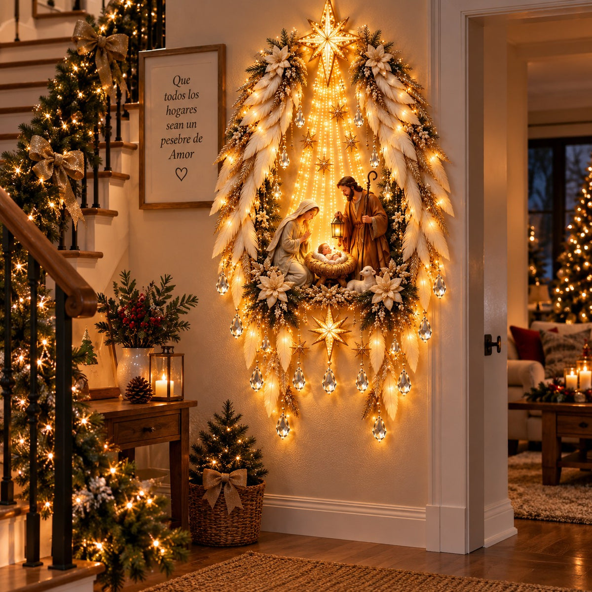 Sagrada Familia con alas de ángel iluminada en el recibidor de una casa, junto a una escalera decorada por Navidad