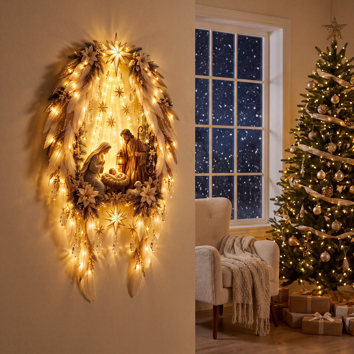 Sagrada Familia con alas de ángel iluminada en la pared de un salón con ventana nevada y árbol de Navidad